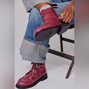 Free People Isla Moto Leather Ankle Boots Size 6 1/2 Wild Mulberry